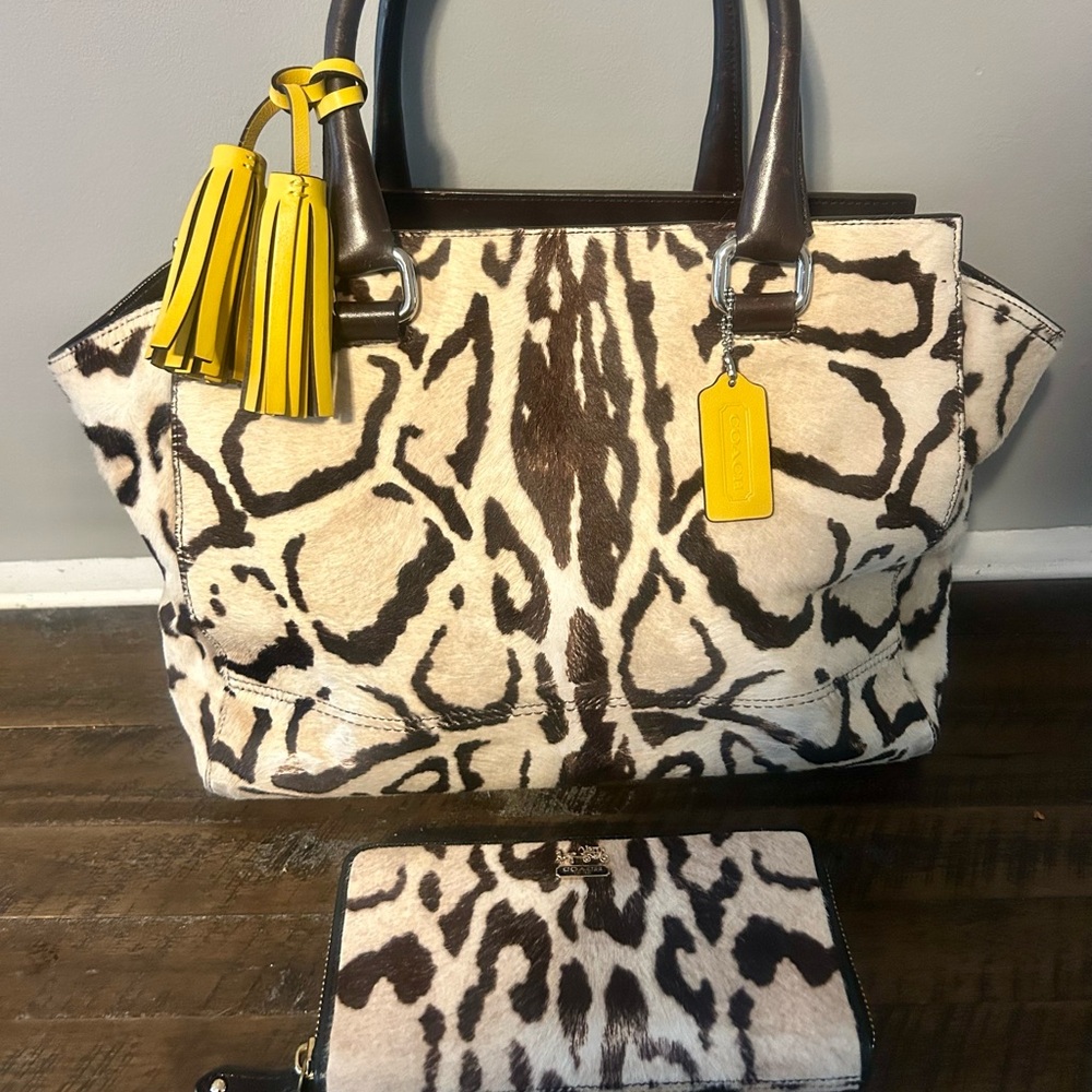 NEW YEAR SALE Authentic Coach Set,Leopard Print Tote and Wallet,Bag+Large Wallet